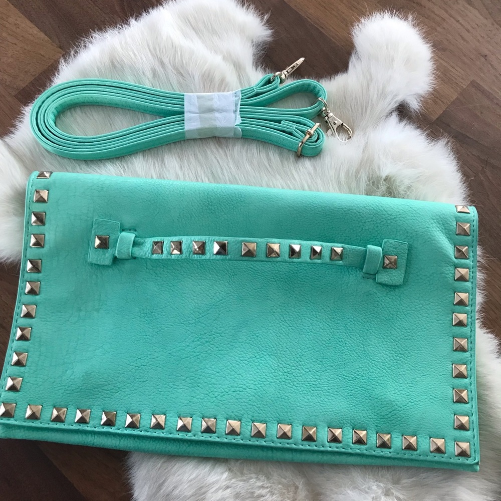 ORANGE CARAMEL Teal Green Studded Clutch